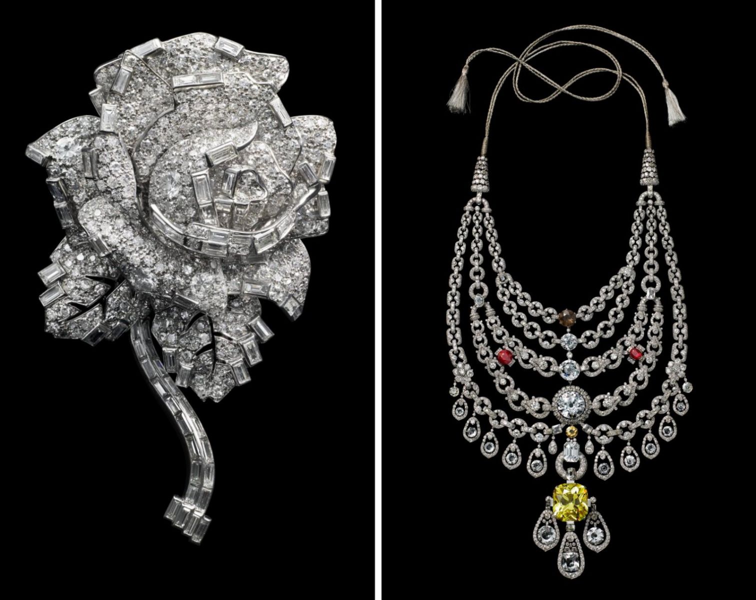 Cartier, triển lãm cartier 2025, triển lãm trang sức, cartier 2025 exhibition, Rose clip brooch, Cartier London, 1938. Diamonds and platinum. Vincent Wulveryck, Collection Cartier © Cartier Patiala Necklace, Cartier Paris, 1928. Vincent Wulveryck, Collection Cartier